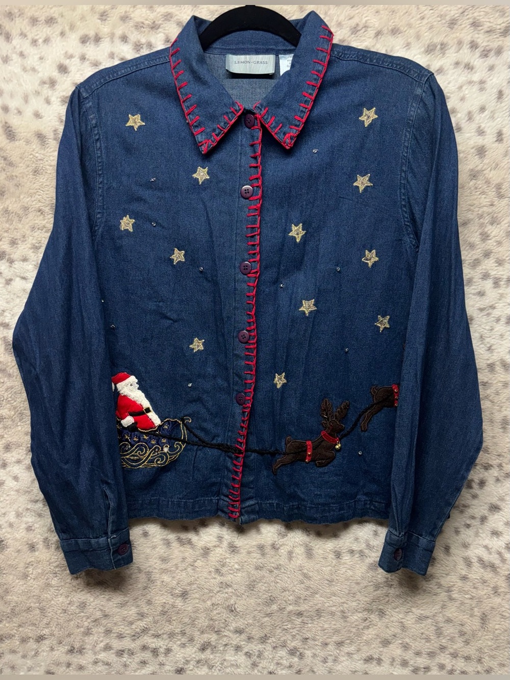 VINTAGE LEMON • GRASS CHRISTMAS SCENE DENIM BUTTON UP (NWT)